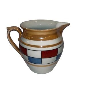 Antique Union K Czechoslovakia Art Deco Lusterware Pitcher Checkerboard Red Blue